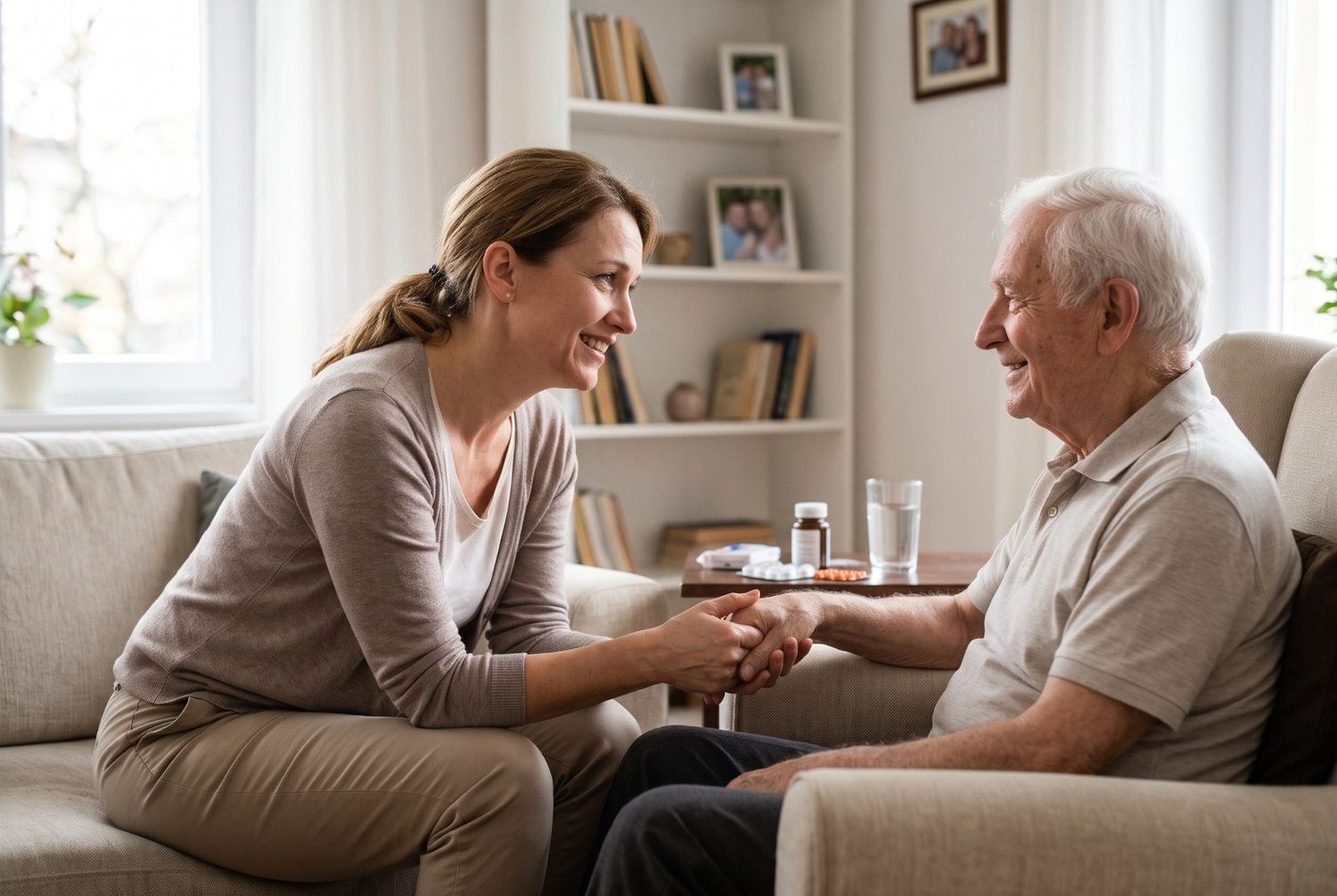 Mulher adulta conversando com um homem idoso em ambiente familiar